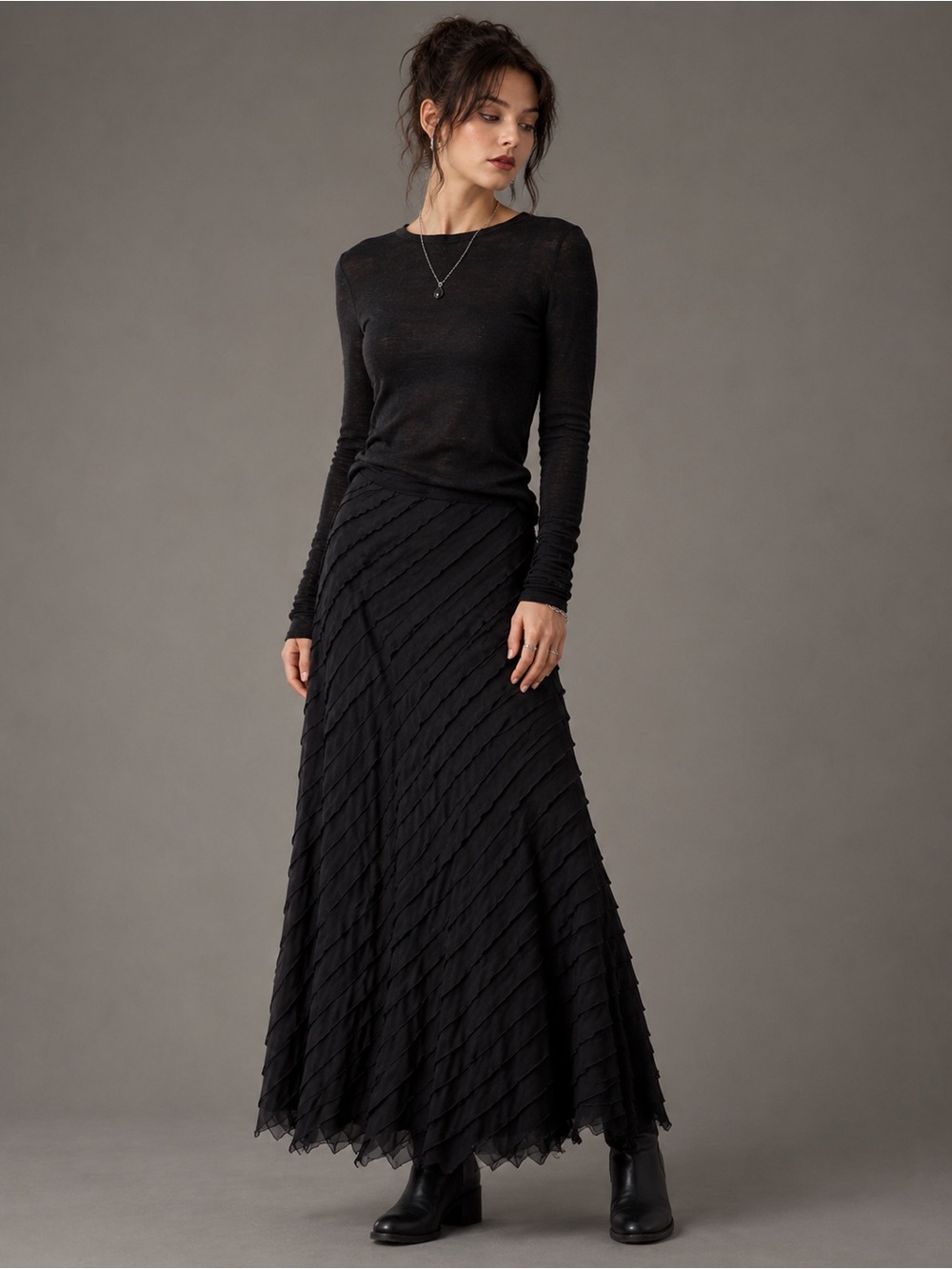 J. Jill Black Silk Blend Bias Cut Raw Edge Layered Long Skirt Size 10